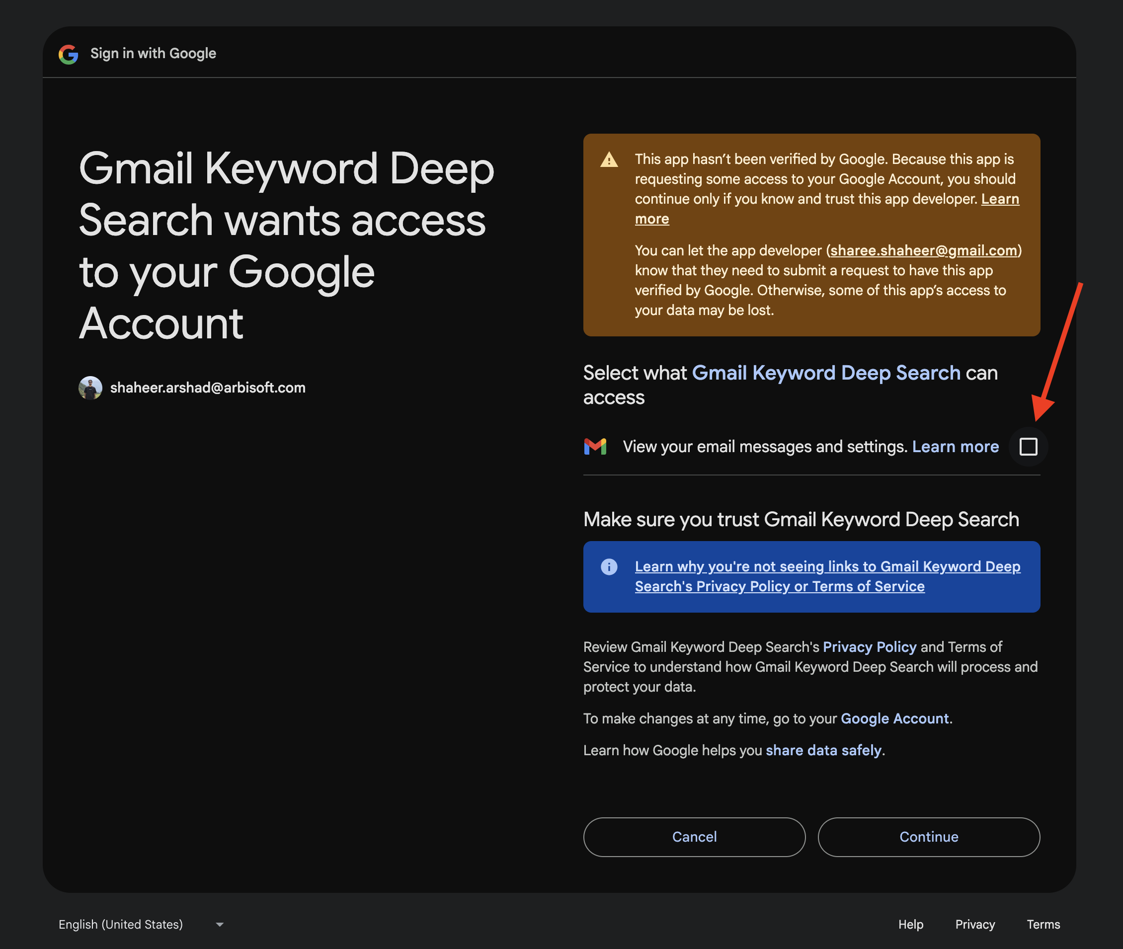 Permissions checkbox