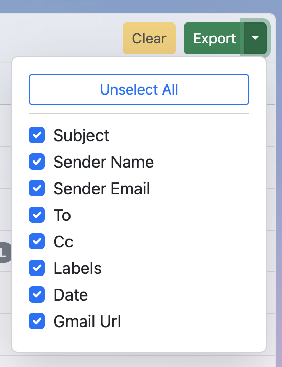 Export button and filters