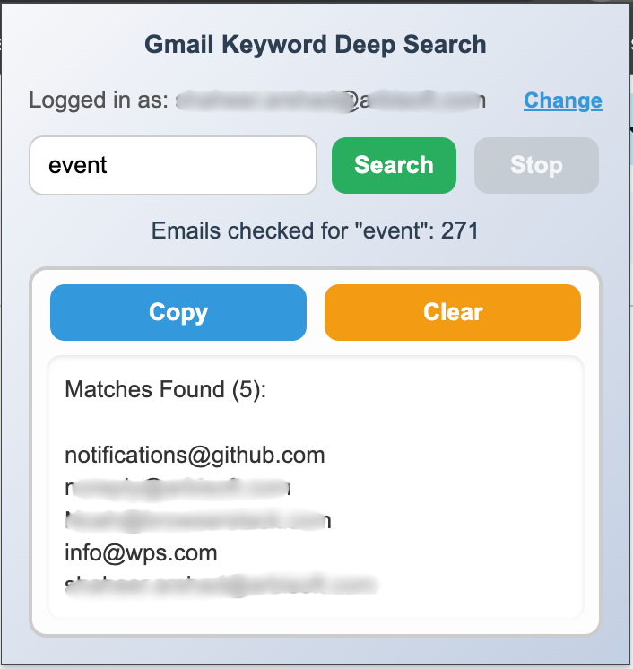 Search results showing matched emails