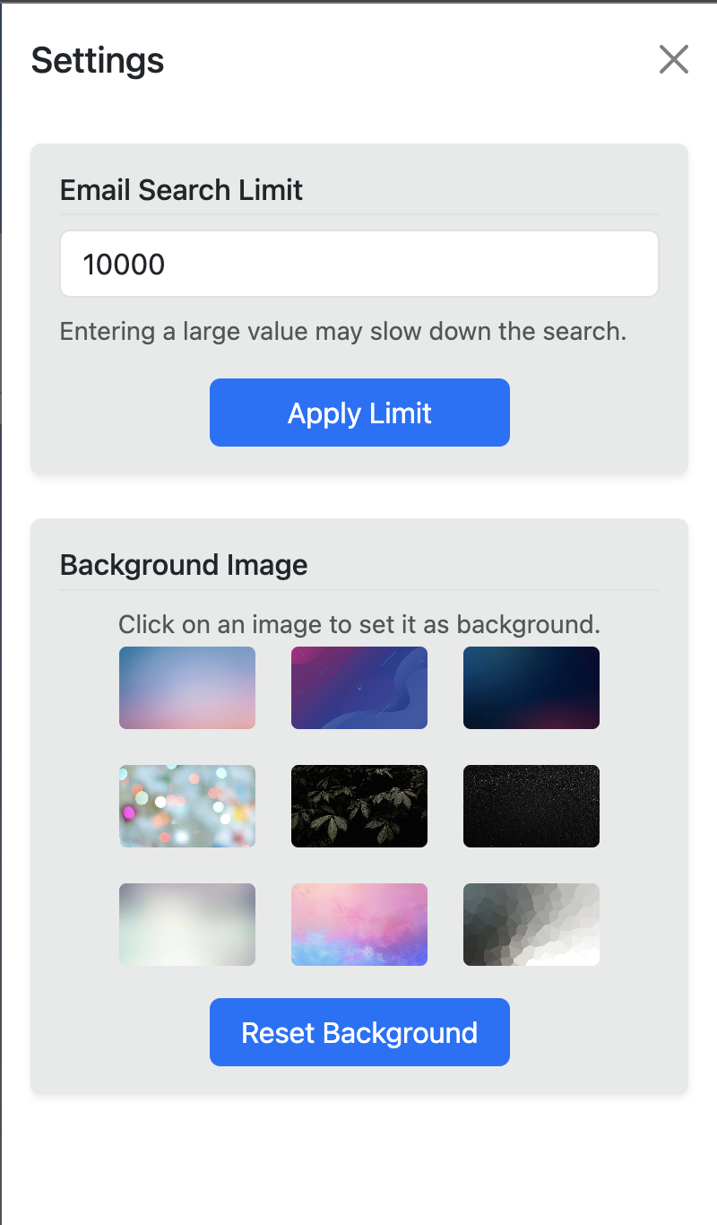 Settings page with search limit option